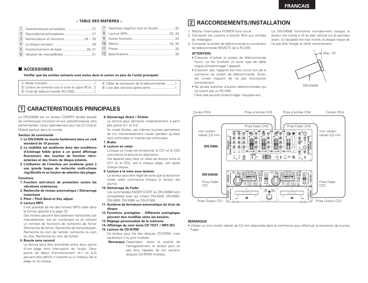 Caracteristiques principales, Raccordements/installation | Denon DN-D4500 User Manual | Page 27 / 88