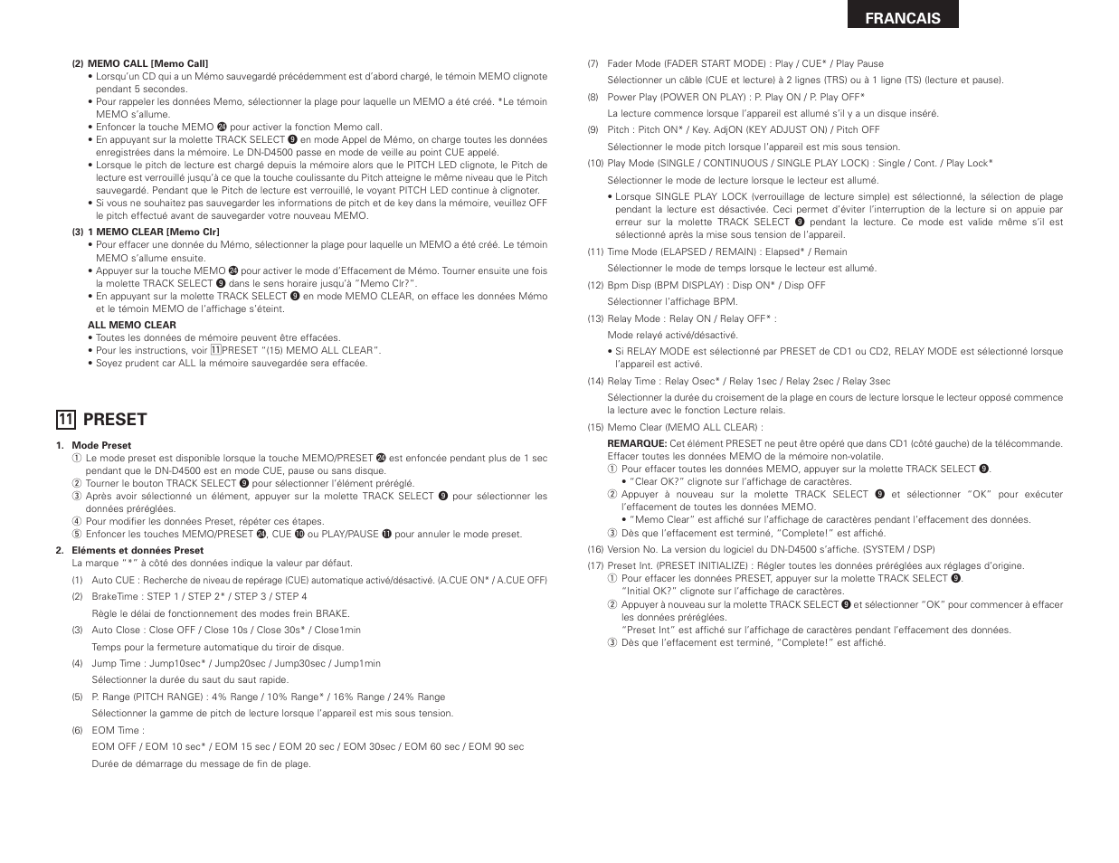 Preset, Francais | Denon DN-D4500 User Manual | Page 35 / 88