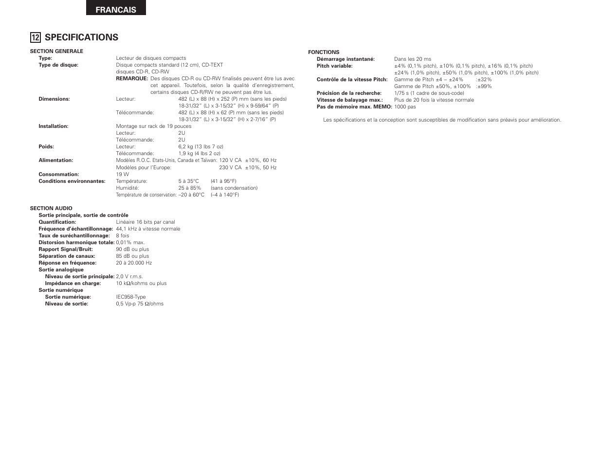 Specifications, Francais | Denon DN-D4500 User Manual | Page 36 / 88
