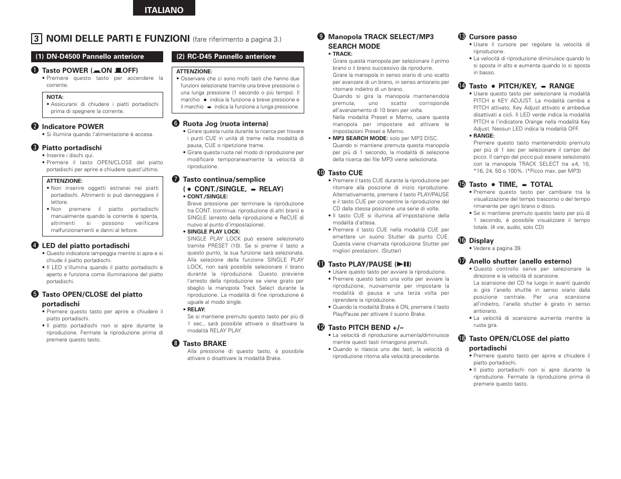 Nomi delle parti e funzioni | Denon DN-D4500 User Manual | Page 38 / 88
