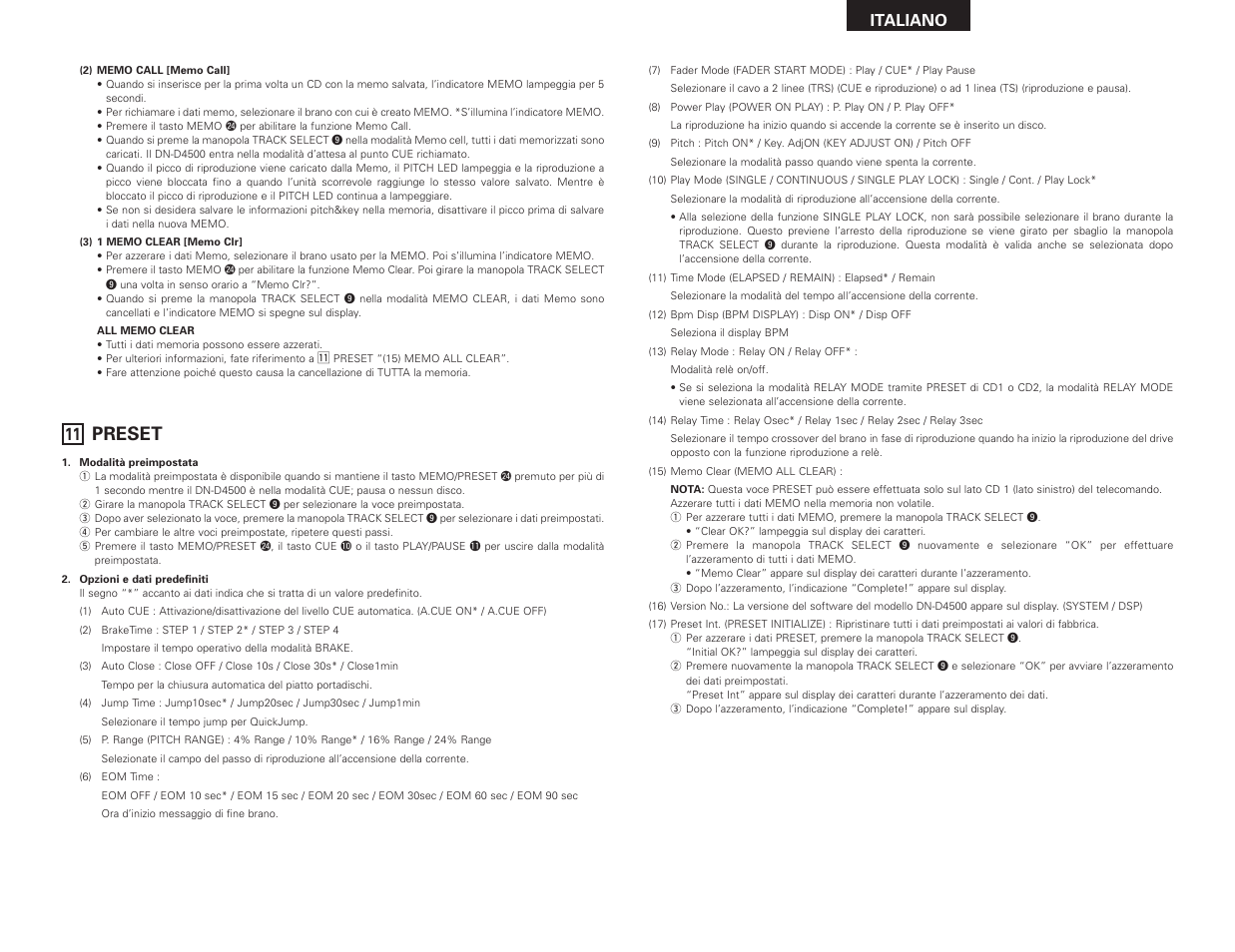Preset, Italiano | Denon DN-D4500 User Manual | Page 45 / 88