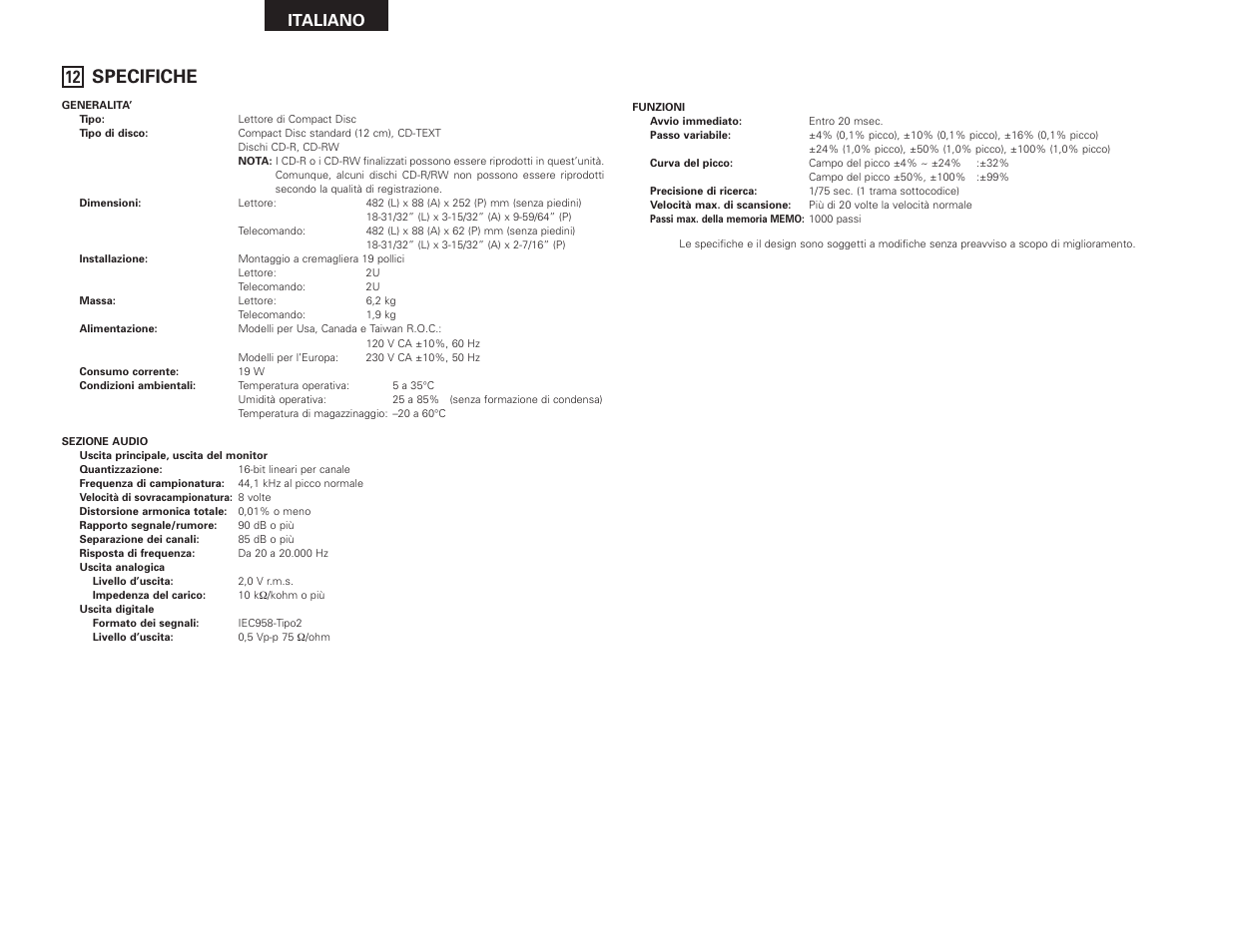 Specifiche, Italiano | Denon DN-D4500 User Manual | Page 46 / 88