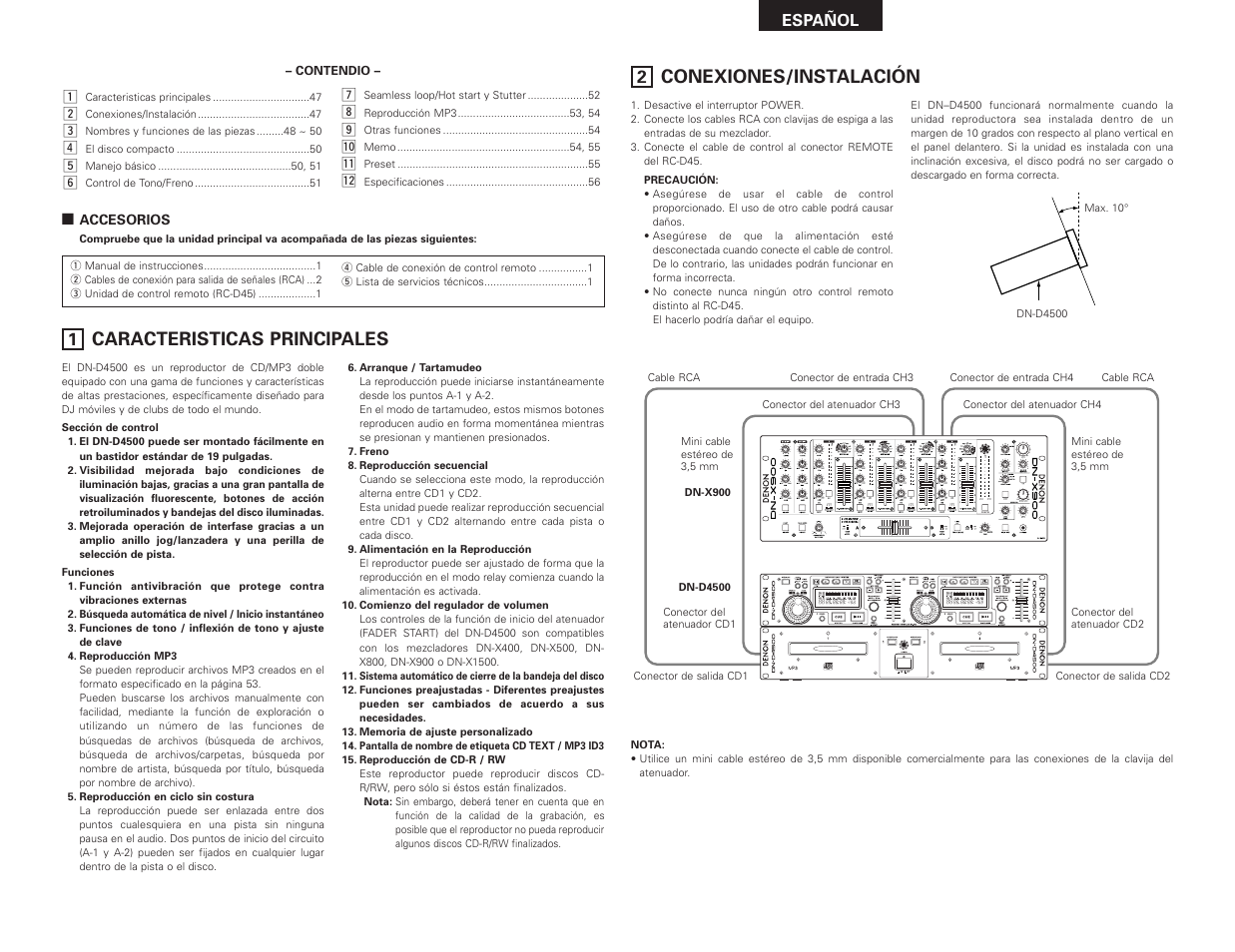 Caracteristicas principales, Conexiones/instalación | Denon DN-D4500 User Manual | Page 47 / 88