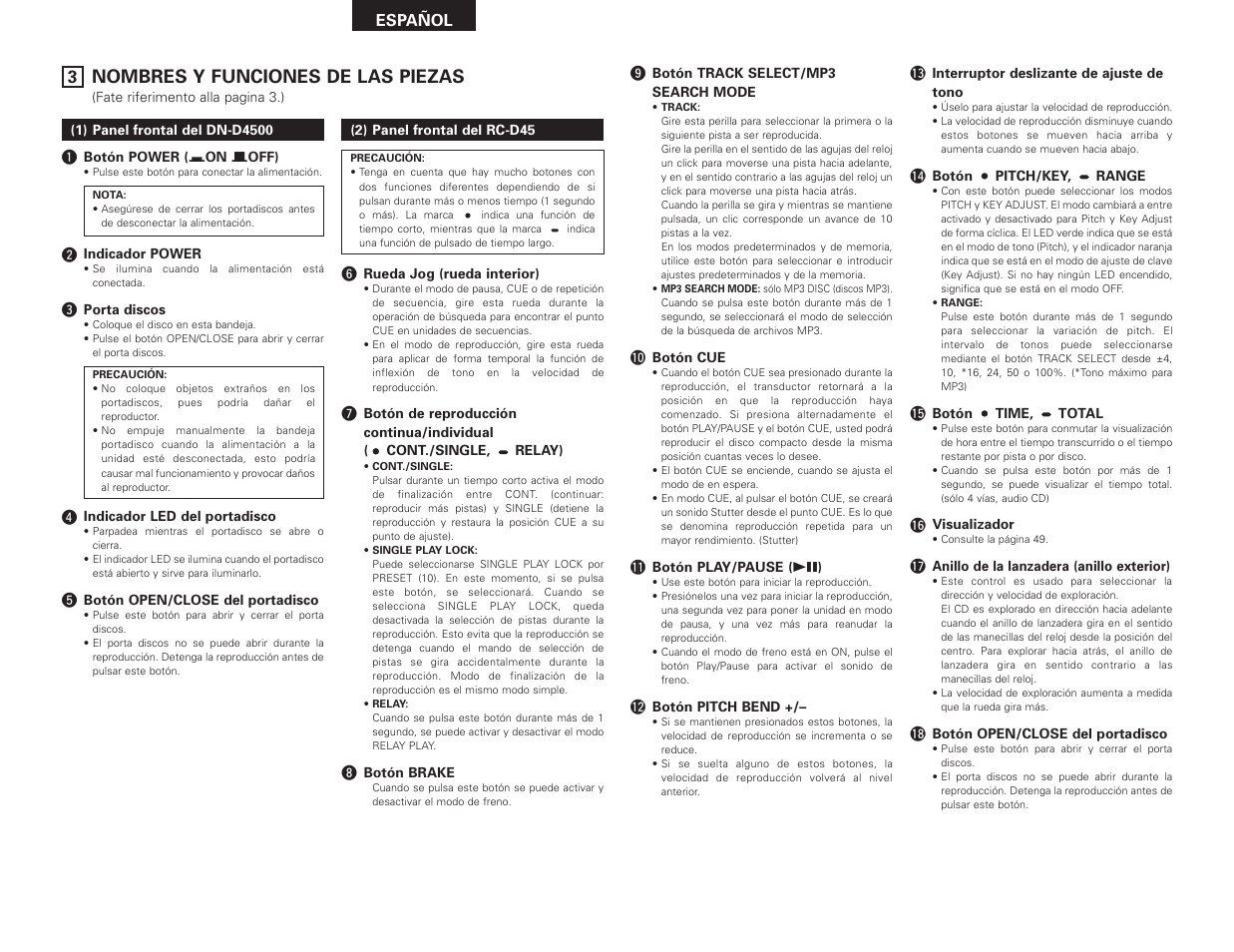 Nombres y funciones de las piezas | Denon DN-D4500 User Manual | Page 48 / 88