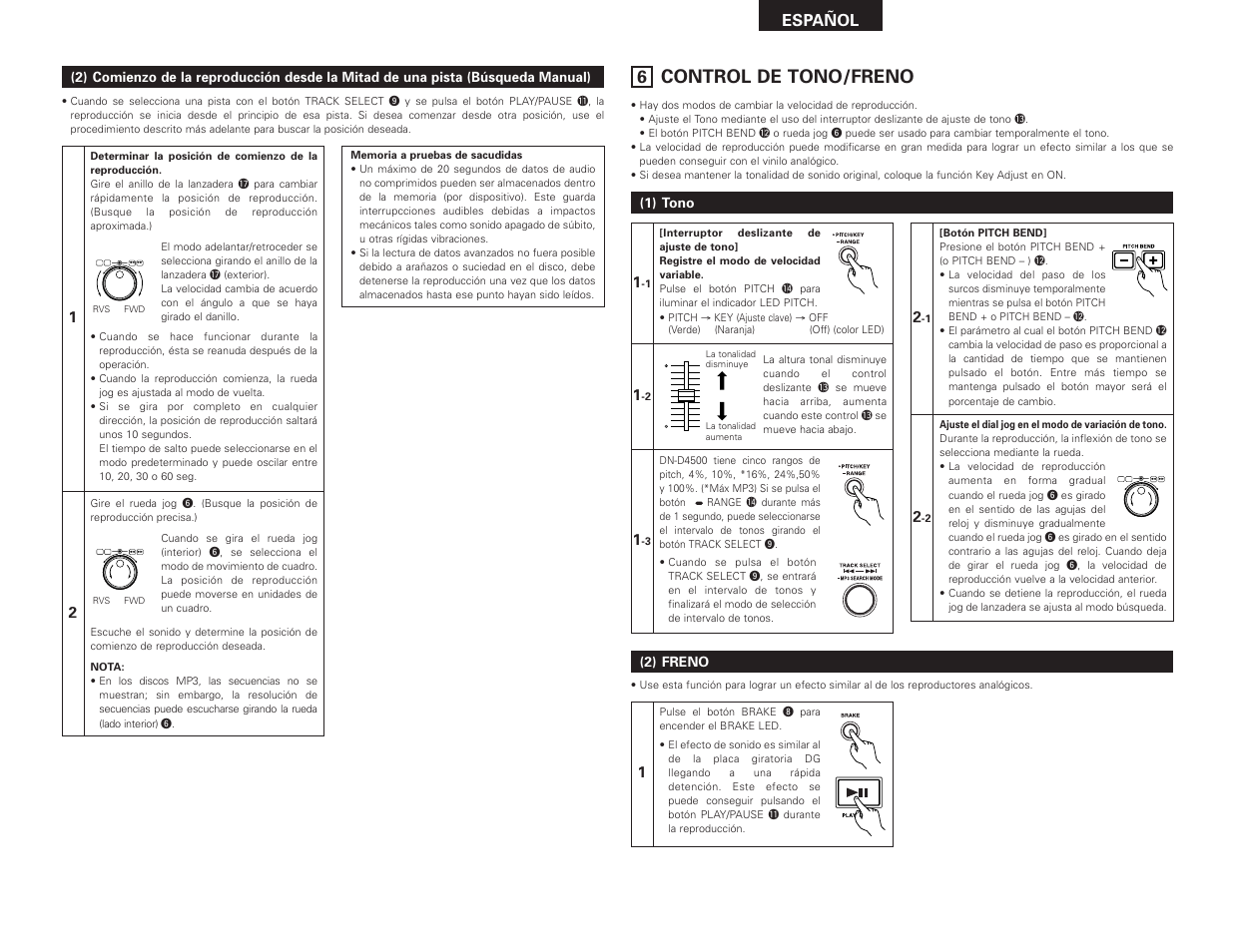 Control de tono/freno, Español | Denon DN-D4500 User Manual | Page 51 / 88