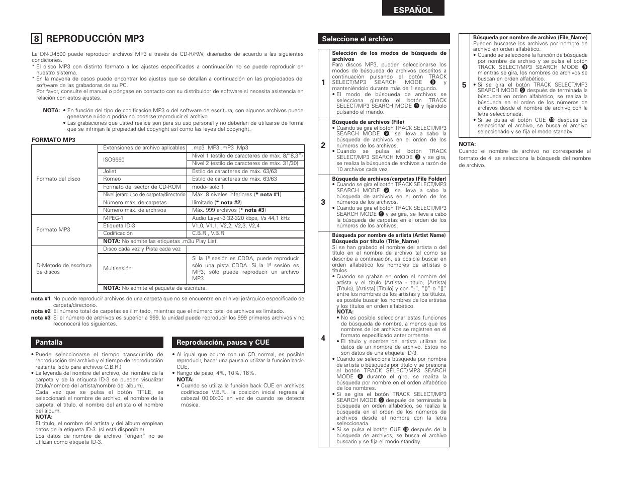Reproducción mp3, Español | Denon DN-D4500 User Manual | Page 53 / 88