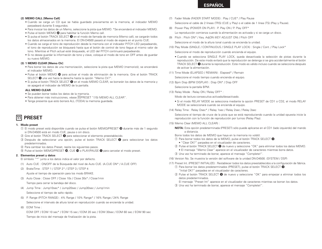 Preset, Español | Denon DN-D4500 User Manual | Page 55 / 88