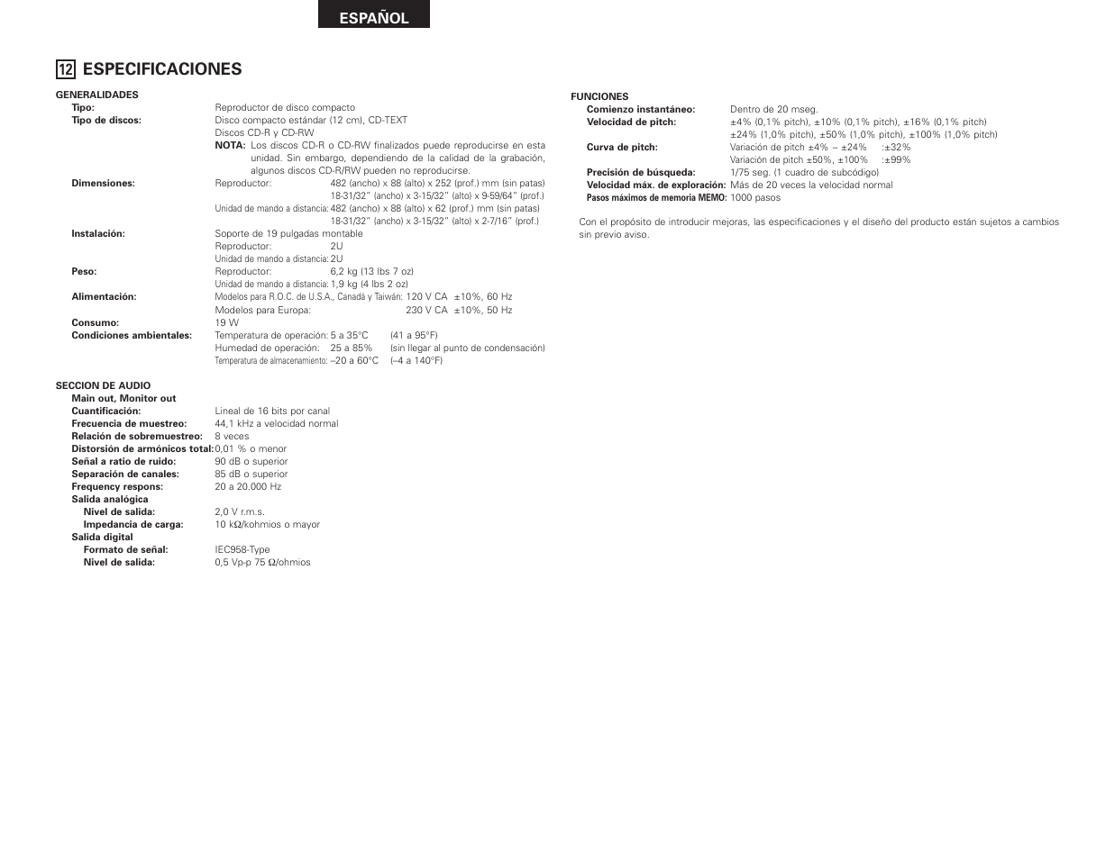 Especificaciones, Español | Denon DN-D4500 User Manual | Page 56 / 88