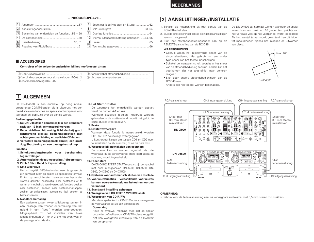Algemeen, Aansluitingen/installatie | Denon DN-D4500 User Manual | Page 57 / 88