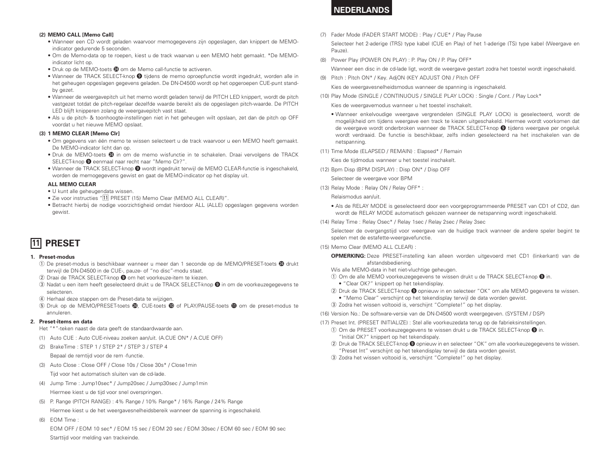 Preset, Nederlands | Denon DN-D4500 User Manual | Page 65 / 88