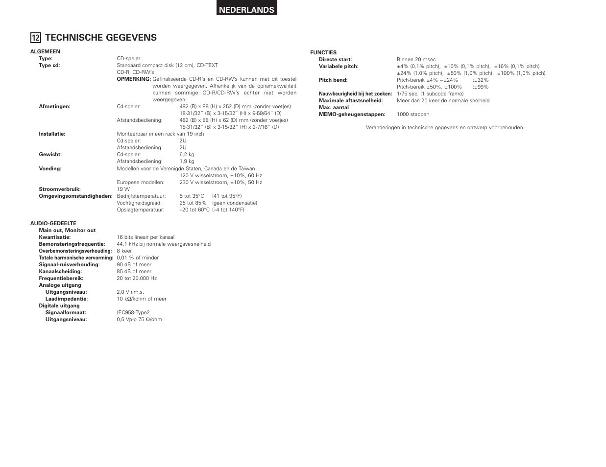 Technische gegevens, Nederlands | Denon DN-D4500 User Manual | Page 66 / 88