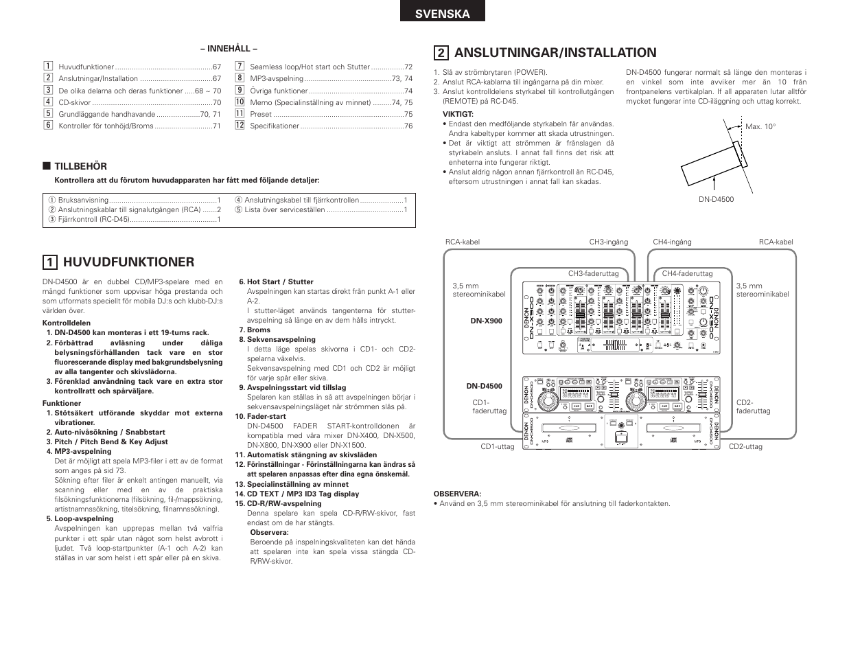 Huvudfunktioner, Anslutningar/installation | Denon DN-D4500 User Manual | Page 67 / 88