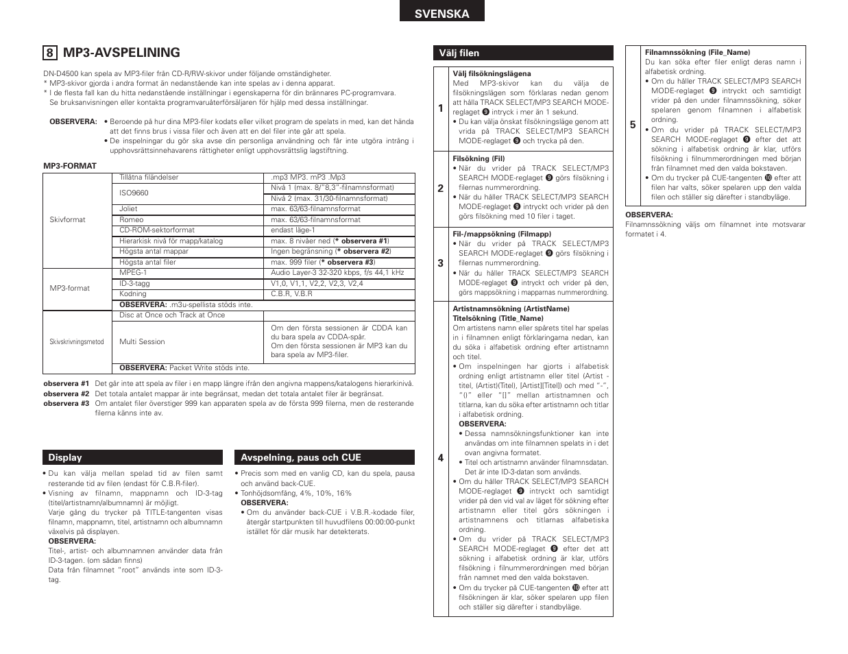 Mp3-avspelining, Svenska | Denon DN-D4500 User Manual | Page 73 / 88
