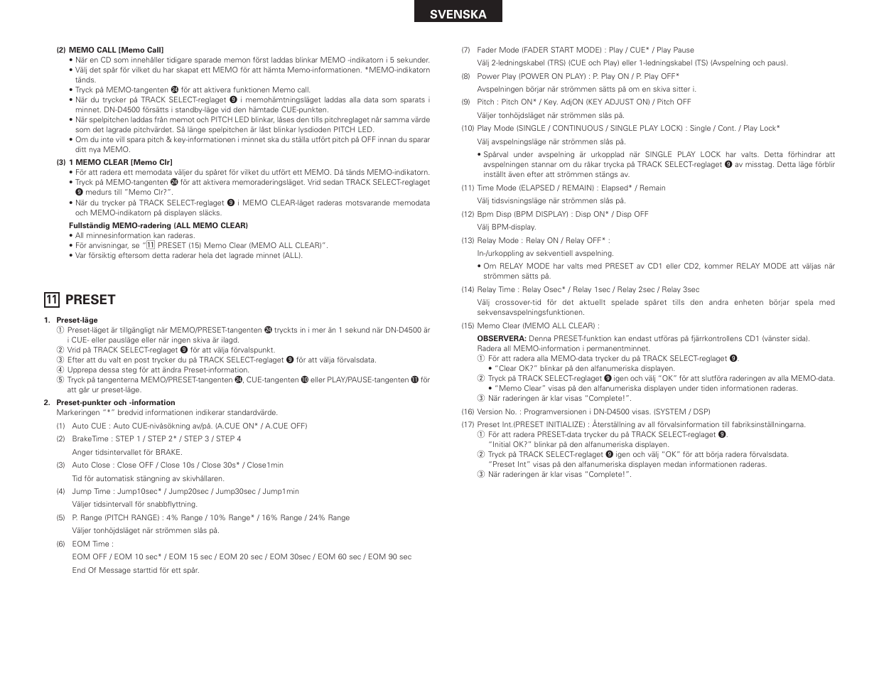 Preset, Svenska | Denon DN-D4500 User Manual | Page 75 / 88