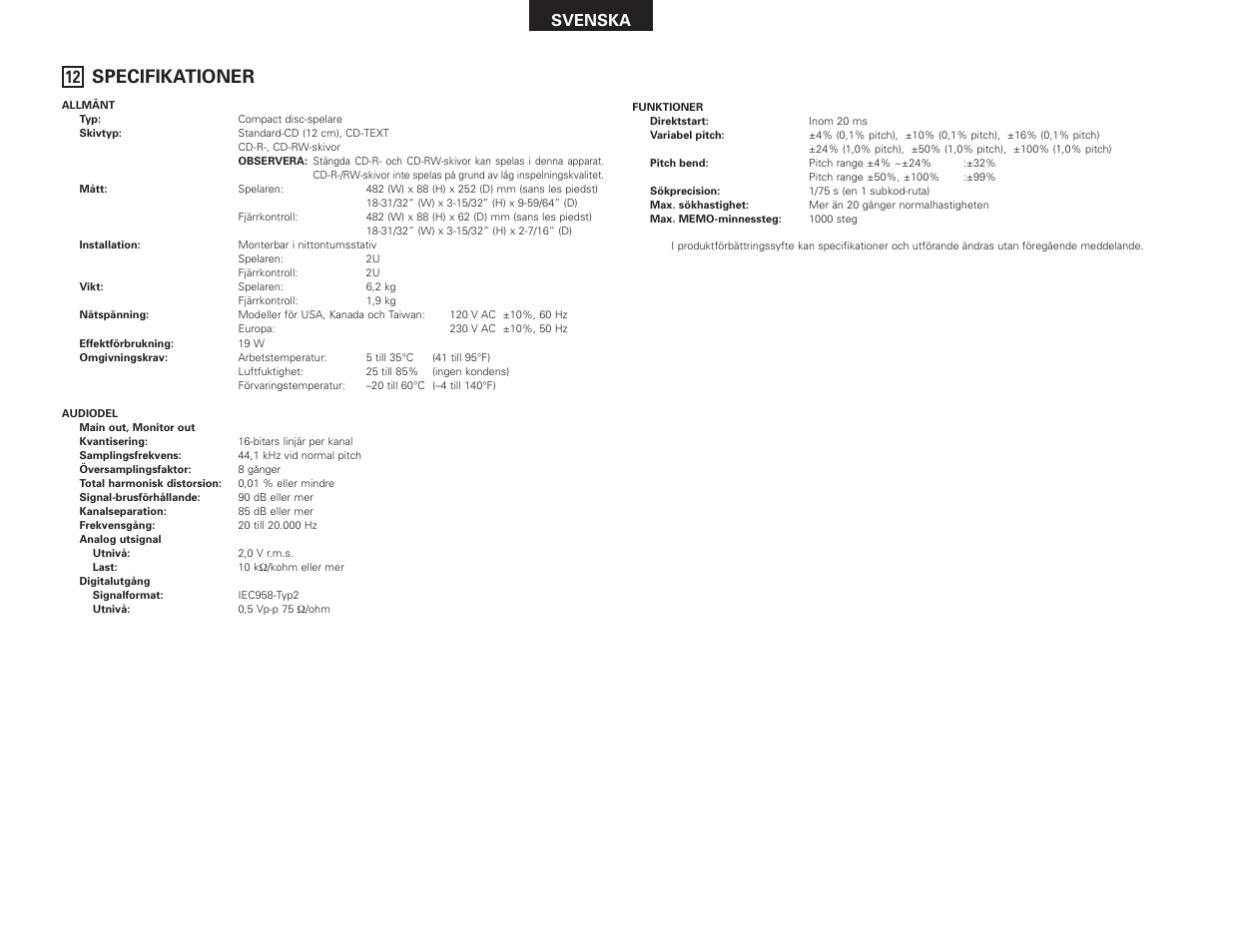 Specifikationer, Svenska | Denon DN-D4500 User Manual | Page 76 / 88