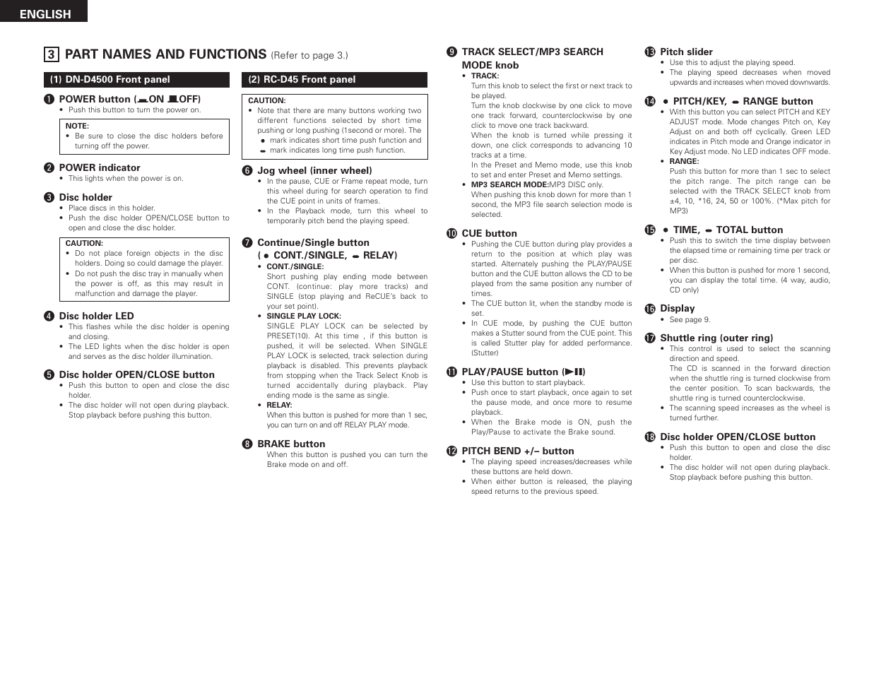 Part names and functions | Denon DN-D4500 User Manual | Page 8 / 88
