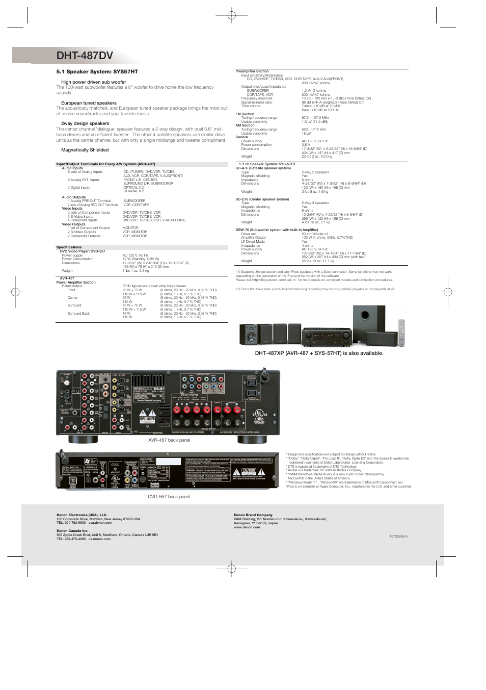 Dht-487dv, 1 speaker system: sys57ht | Denon DHT487DV User Manual | Page 2 / 2