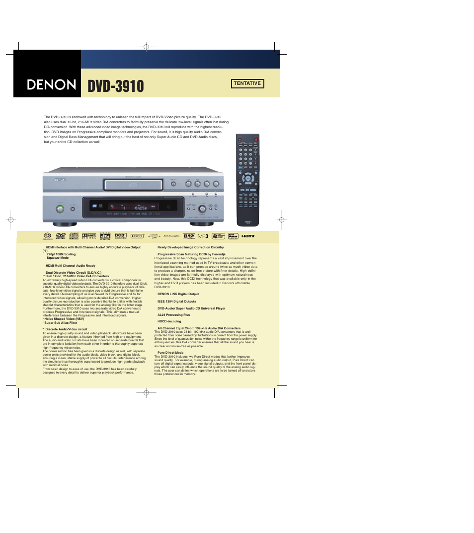 Denon DVD Audio/Video & Super Audio CD Player DVD-3910 User Manual | 2 pages