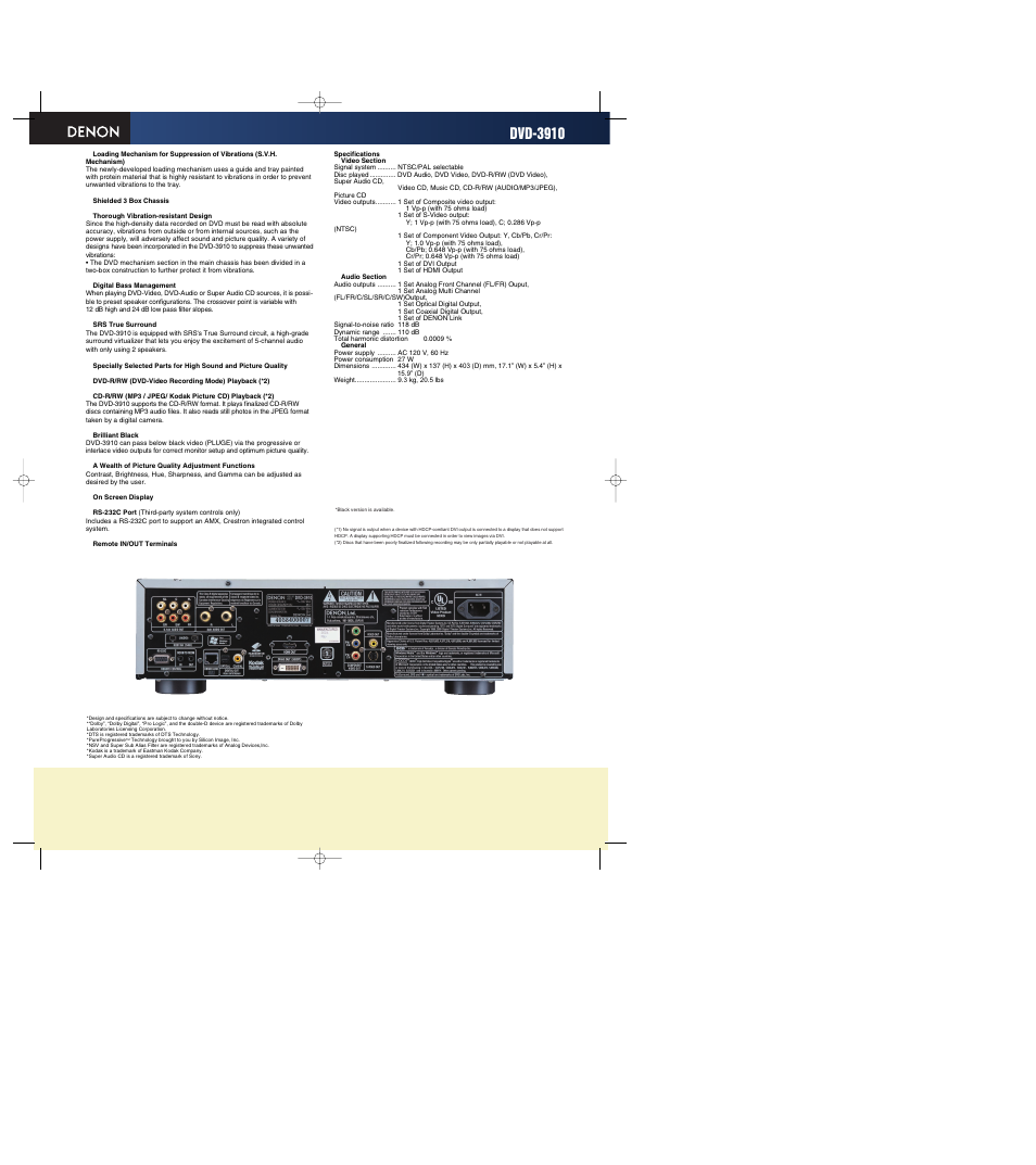 Dvd-3910 | Denon DVD Audio/Video & Super Audio CD Player DVD-3910 User Manual | Page 2 / 2