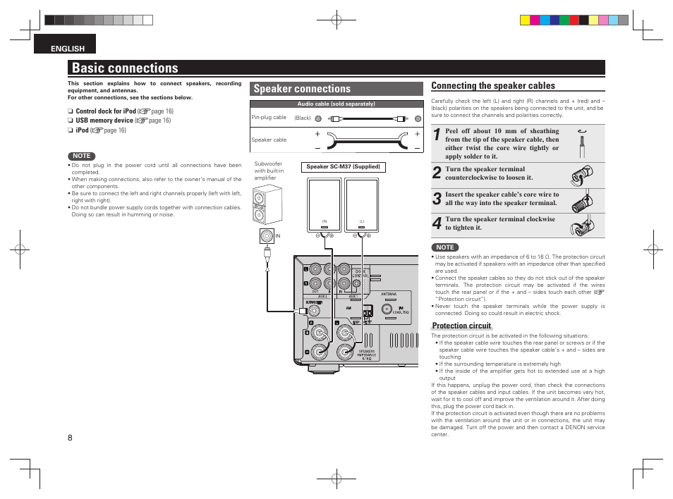 Basic connections, Speaker connections, Connecting the speaker cables | Denon RCD-M38 User Manual | Page 11 / 37