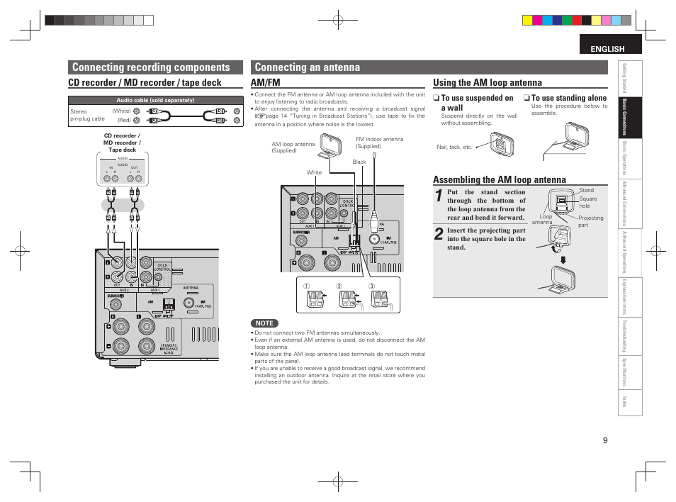 Connecting recording components, Connecting an antenna, Cd recorder / md recorder / tape deck | Am/fm, Using the am loop antenna, Assembling the am loop antenna, N to use suspended on a wall, N to use standing alone | Denon RCD-M38 User Manual | Page 12 / 37