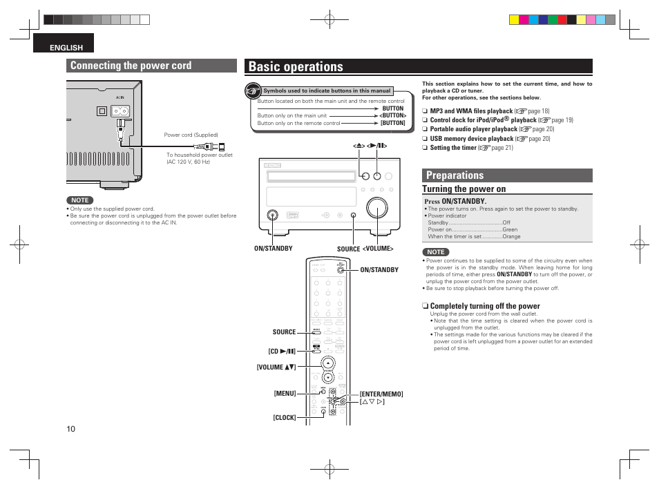 Basic operations, Connecting the power cord, Preparations | Turning the power on | Denon RCD-M38 User Manual | Page 13 / 37