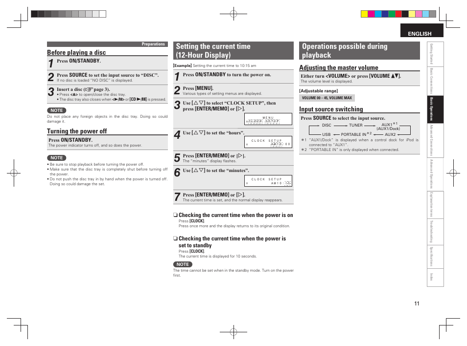 Setting the current time (12-hour display), Operations possible during playback, Before playing a disc | Turning the power off, Adjusting the master volume, Input source switching | Denon RCD-M38 User Manual | Page 14 / 37