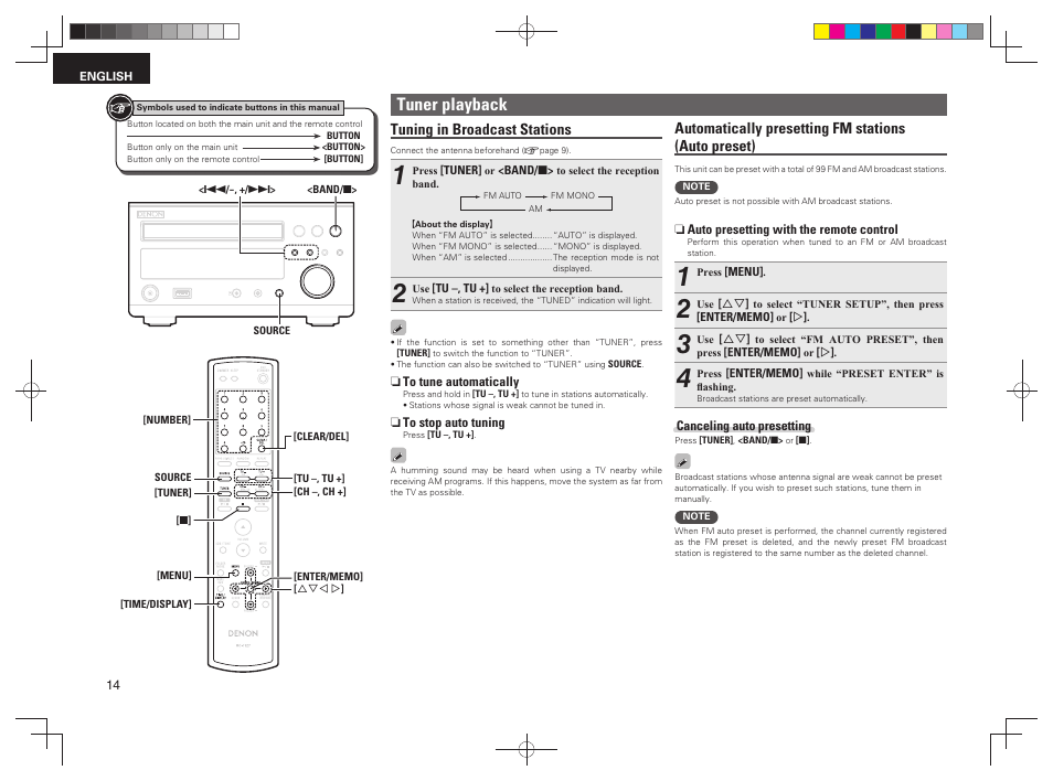 Tuner playback, Automatically presetting fm stations (auto preset), Tuning in broadcast stations | Denon RCD-M38 User Manual | Page 17 / 37