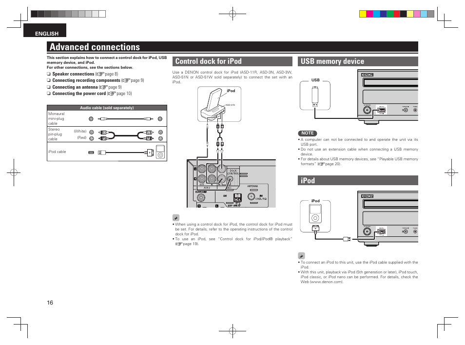 Advanced connections, Control dock for ipod, Ipod | Denon RCD-M38 User Manual | Page 19 / 37