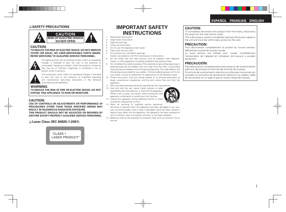 Important safety instructions, Caution | Denon RCD-M38 User Manual | Page 2 / 37