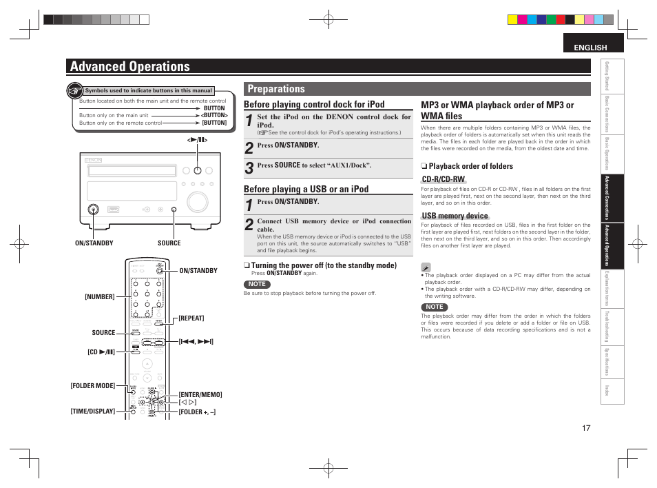 Advanced operations, Preparations, Before playing control dock for ipod | Before playing a usb or an ipod, Mp3 or wma playback order of mp3 or wma ﬁ les | Denon RCD-M38 User Manual | Page 20 / 37