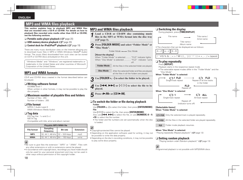 Mp3 and wma ﬁ les playback, Mp3 and wma formats | Denon RCD-M38 User Manual | Page 21 / 37