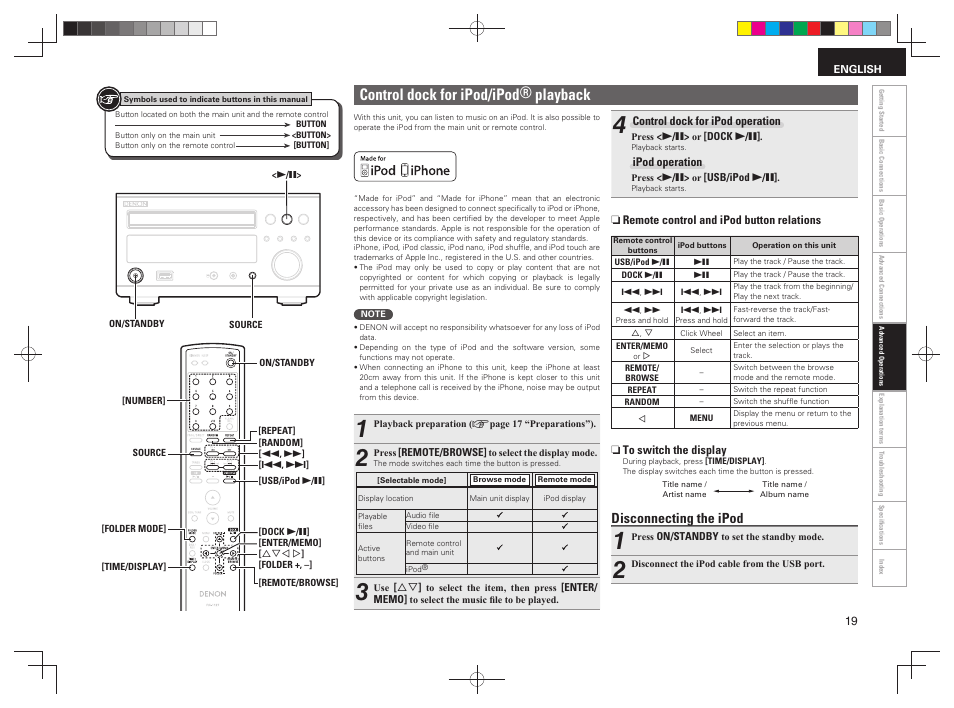 Control dock for ipod/ipod® playback, Disconnecting the ipod | Denon RCD-M38 User Manual | Page 22 / 37