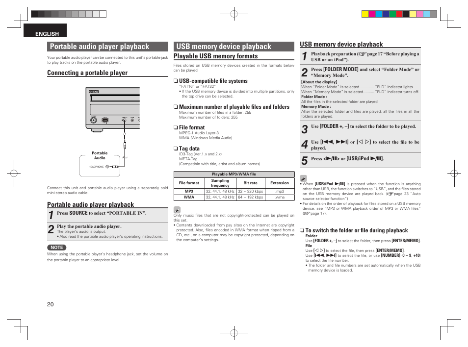 Portable audio player playback, Connecting a portable player | Denon RCD-M38 User Manual | Page 23 / 37