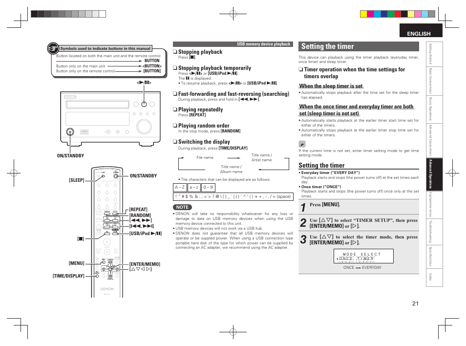 Setting the timer | Denon RCD-M38 User Manual | Page 24 / 37