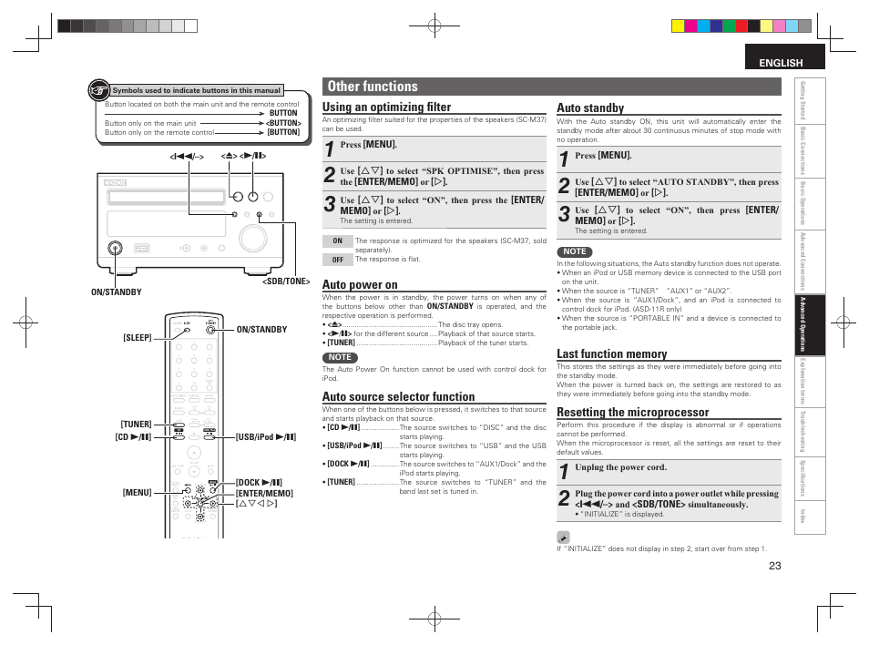 Other functions, Using an optimizing ﬁ lter, Auto power on | Auto source selector function, Auto standby, Resetting the microprocessor | Denon RCD-M38 User Manual | Page 26 / 37