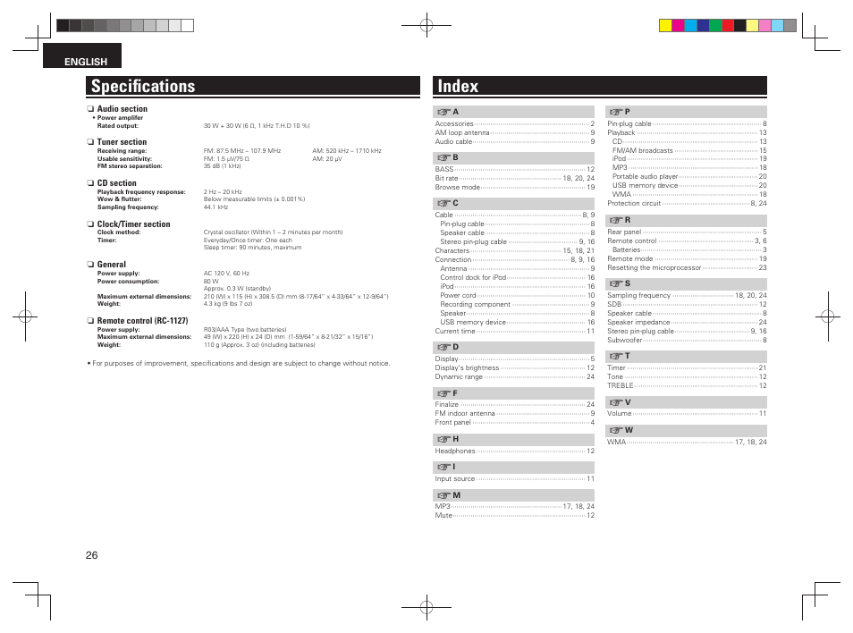 Speciﬁ cations index | Denon RCD-M38 User Manual | Page 29 / 37