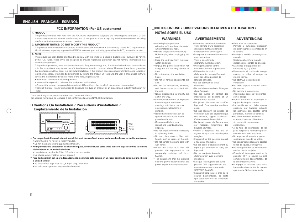 Fcc information (for us customers), Español english francais | Denon RCD-M38 User Manual | Page 3 / 37