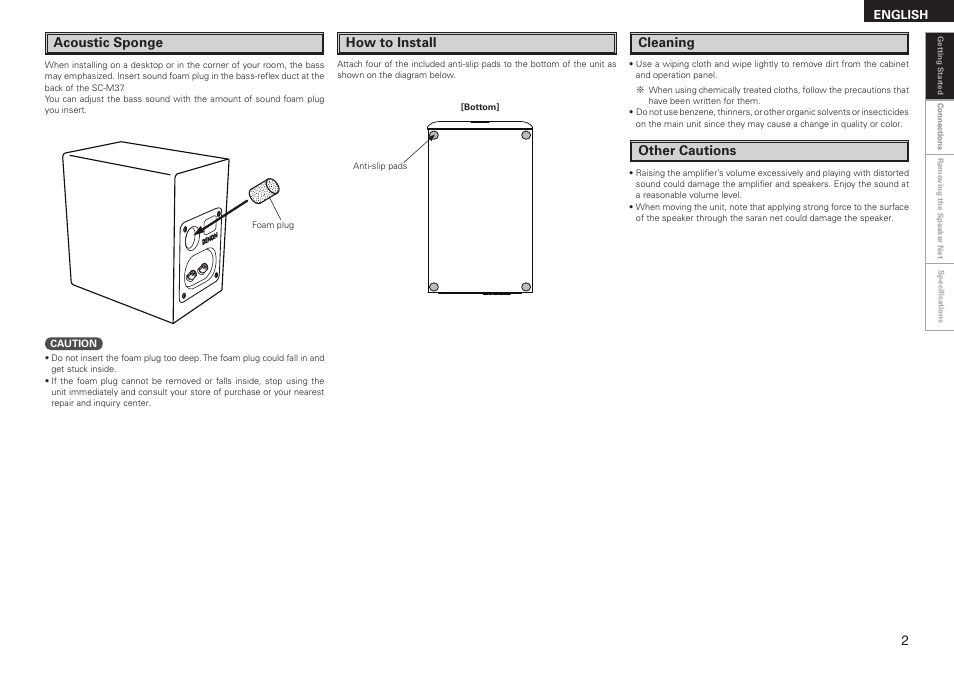 Other cautions cleaning, Acoustic sponge how to install | Denon RCD-M38 User Manual | Page 34 / 37