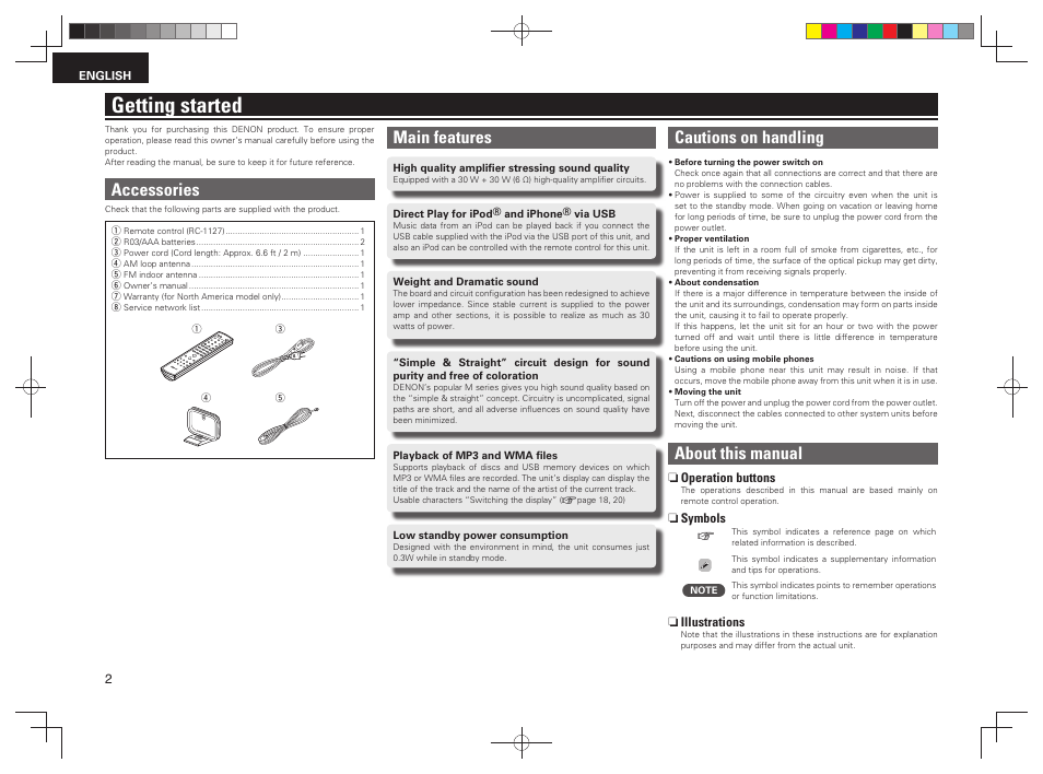 Getting started, Main features, Cautions on handling | About this manual, Accessories | Denon RCD-M38 User Manual | Page 5 / 37