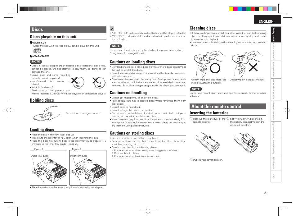 Discs, About the remote control, Discs playable on this unit | Holding discs, Loading discs, Cautions on loading discs, Cautions on handling, Cautions on storing discs, Cleaning discs, Inserting the batteries | Denon RCD-M38 User Manual | Page 6 / 37
