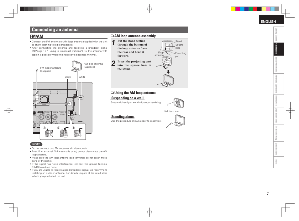 Connecting an antenna, Fm/am, N am loop antenna assembly | N using the am loop antenna suspending on a wall, Standing alone | Denon RCD-N7 User Manual | Page 11 / 58