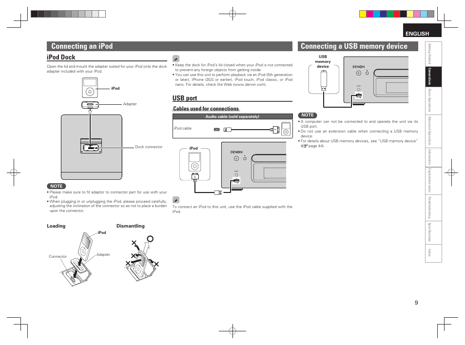 Connecting an ipod, Ipod dock, Usb port | Denon RCD-N7 User Manual | Page 13 / 58