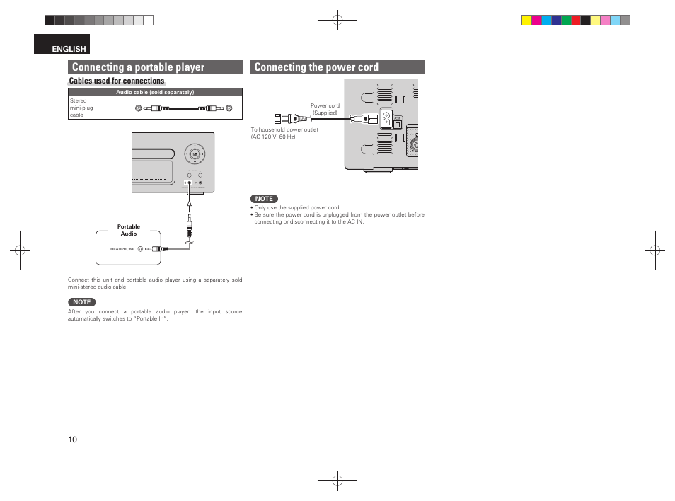 Connecting the power cord, Connecting a portable player | Denon RCD-N7 User Manual | Page 14 / 58