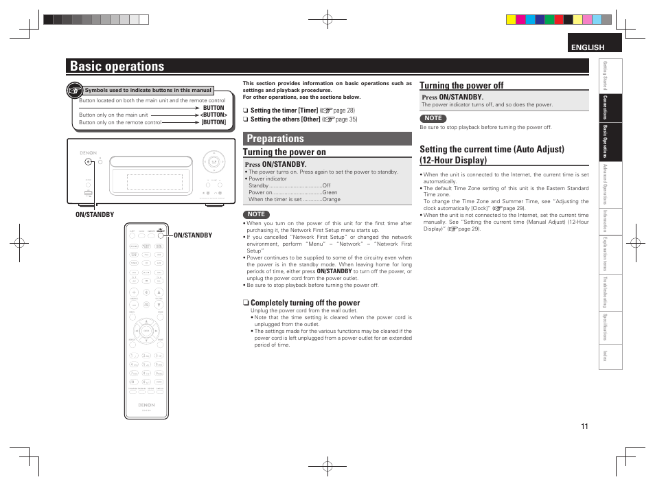 Basic operations, Preparations, Turning the power off | Turning the power on | Denon RCD-N7 User Manual | Page 15 / 58