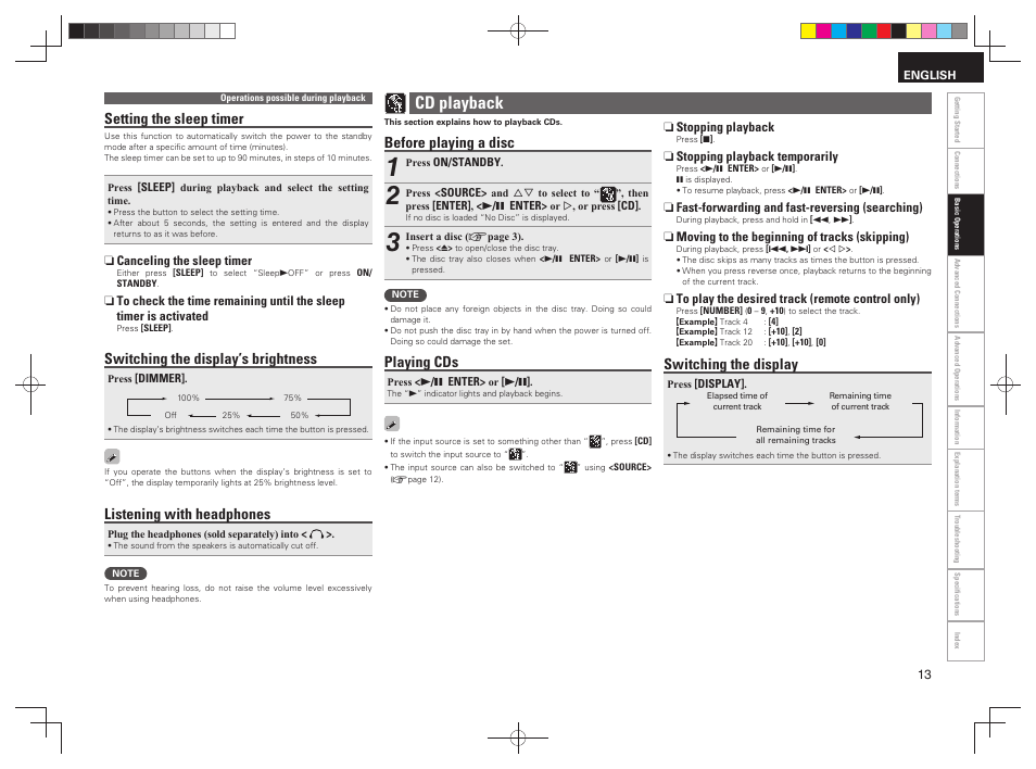 Cd playback, Before playing a disc, Playing cds | Switching the display, Setting the sleep timer, Switching the display’s brightness, Listening with headphones | Denon RCD-N7 User Manual | Page 17 / 58