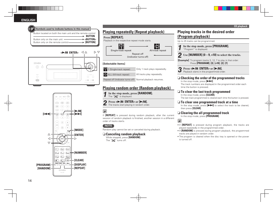 Playing repeatedly (repeat playback), Playing random order (random playback) | Denon RCD-N7 User Manual | Page 18 / 58