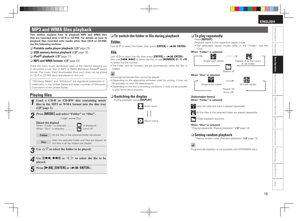 Mp3 and wma ﬁ les playback, Playing ﬁ les | Denon RCD-N7 User Manual | Page 19 / 58