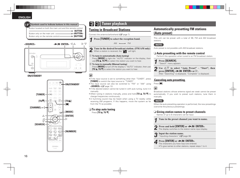 Tuner playback, Automatically presetting fm stations (auto preset), Tuning in broadcast stations | Denon RCD-N7 User Manual | Page 20 / 58