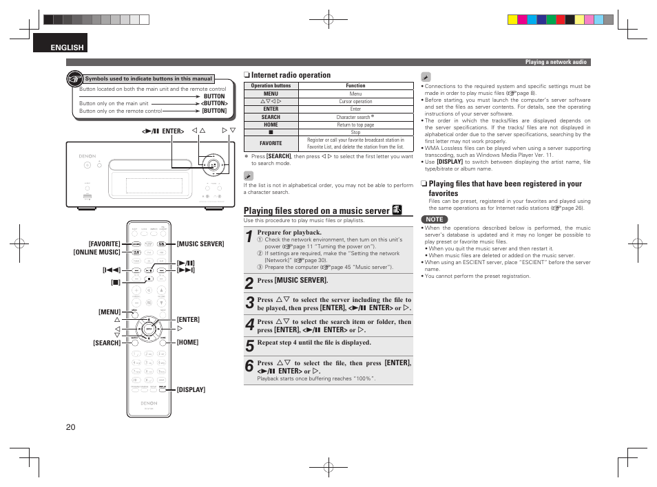 Playing ﬁ les stored on a music server | Denon RCD-N7 User Manual | Page 24 / 58